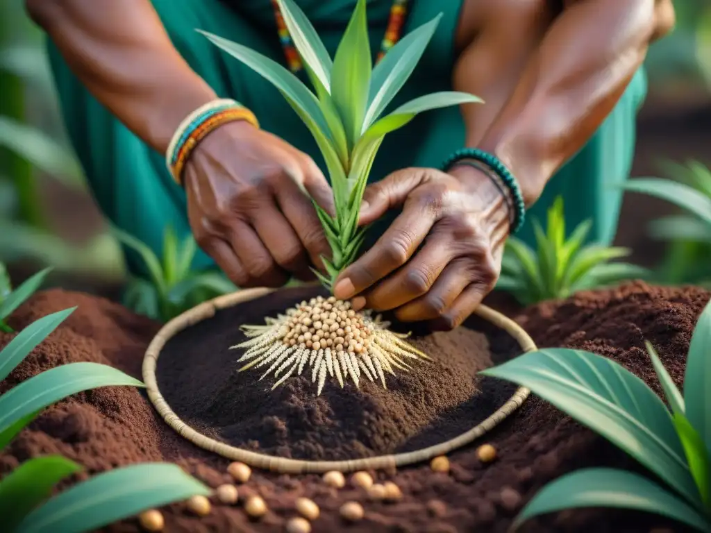 Manos indígenas plantando semillas de yuca, resaltando la importancia cultural de la yuca en comunidades indígenas