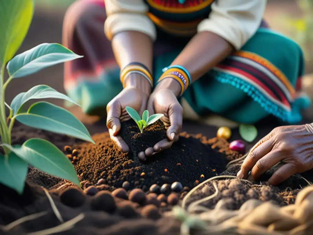 Manos indígenas plantando semillas en tierra fértil, resaltando métodos agrícolas indígenas contemporáneos