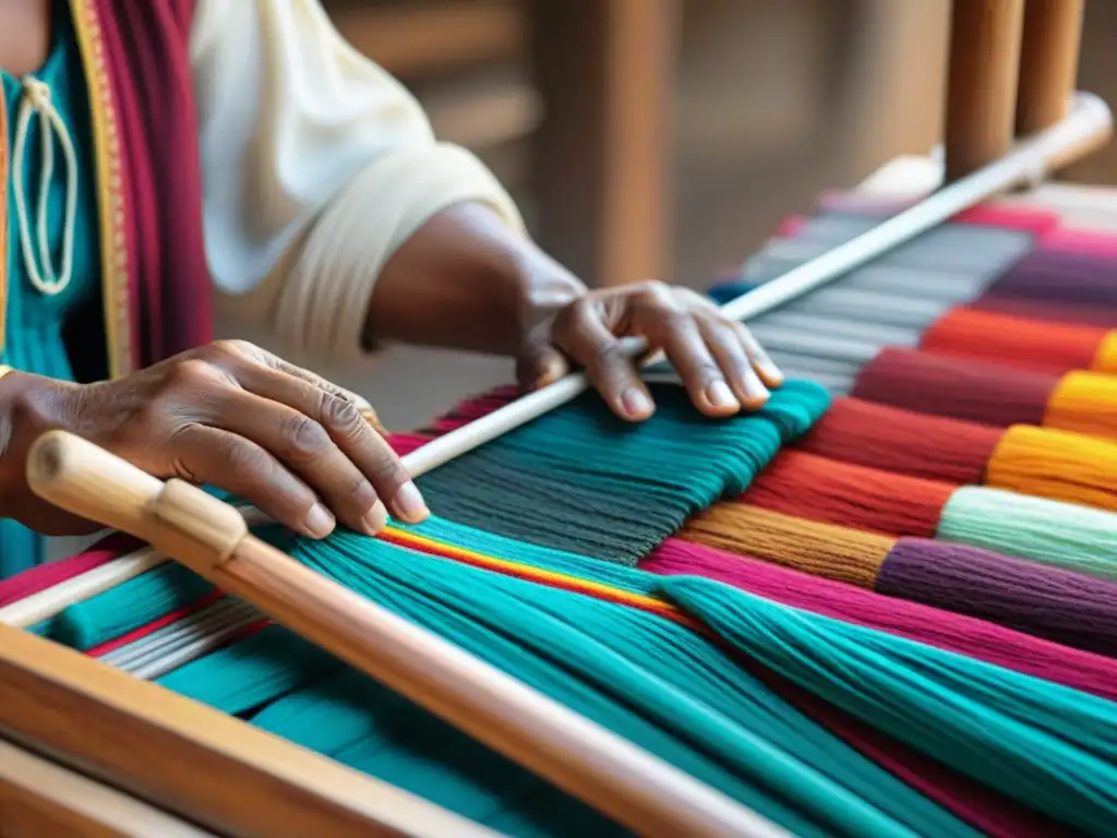 Manos indígenas tejiendo textiles con patrones y colores vibrantes, reflejando la identidad cultural