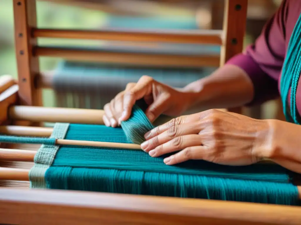 Manos indígenas tejiendo textiles vibrantes en telar de madera, reflejando moda sostenible y tradición