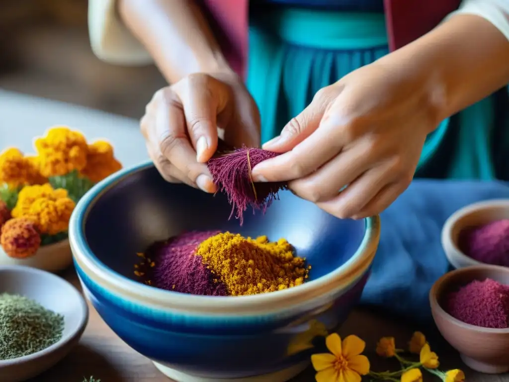 Manos indígenas elaborando tintes vibrantes con ingredientes naturales en cerámica tradicional