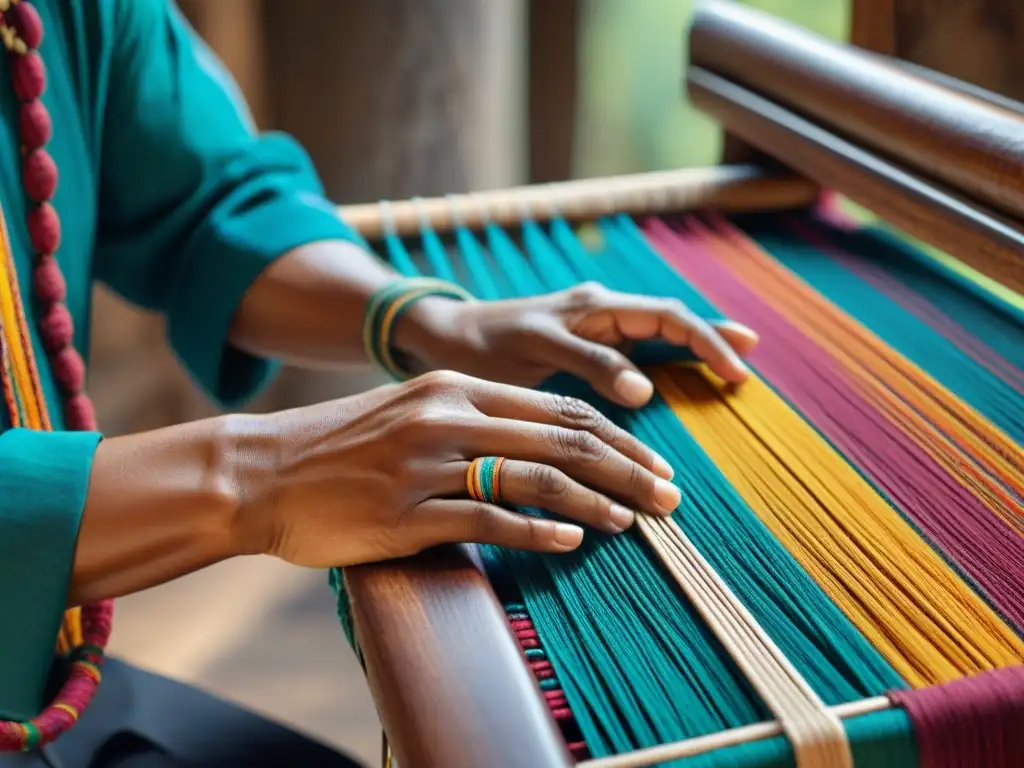 Manos indígenas tejiendo con maestría en telar tradicional, fusionando innovación y tradición en coloridos tejidos