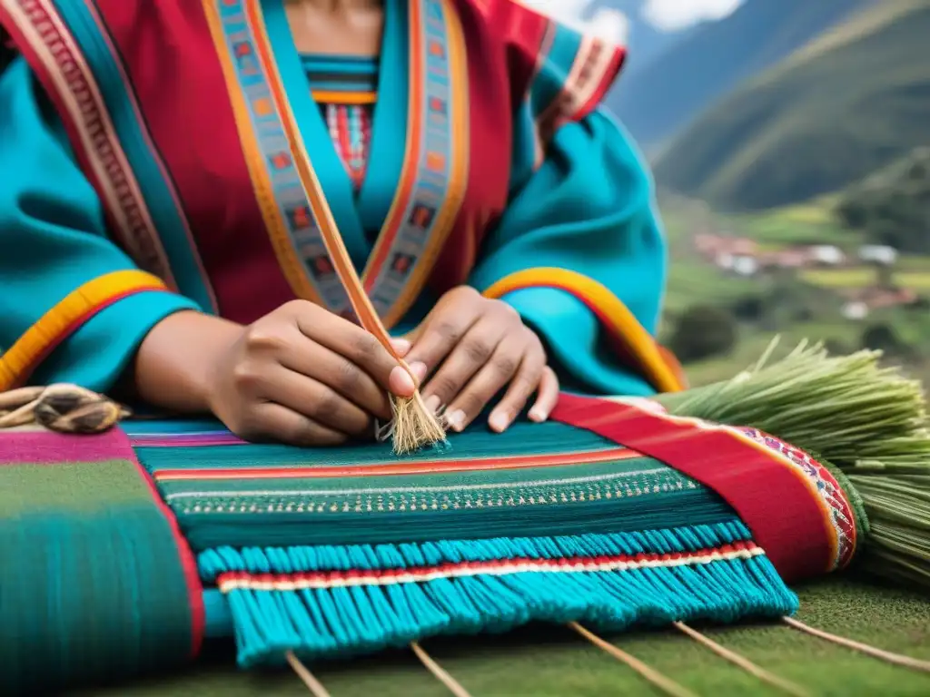 Tejiendo tradición: manos indígenas crean textiles Andinos vibrantes Las manos de una joven mujer indígena tejen textiles andinos tradicionales, en un paisaje de montañas nevadas y campos verdes, simbolizando la revitalización de culturas andinas