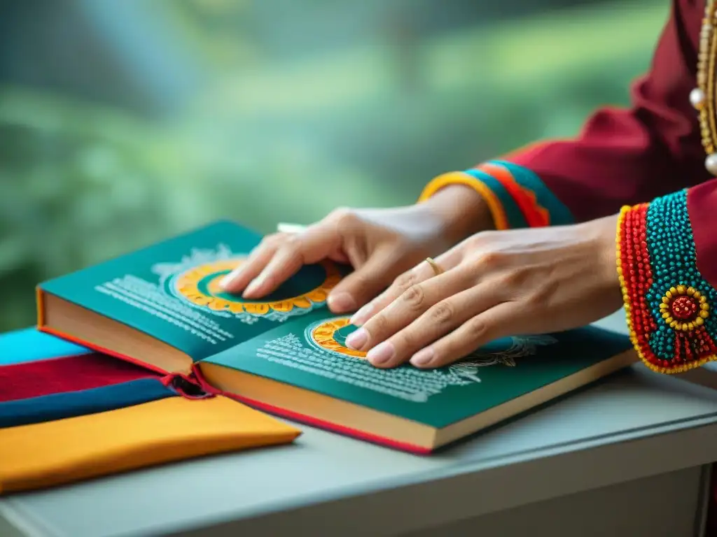 Manos crean libros de lenguas indígenas con colores vibrantes y patrones, reflejando la revitalización cultural