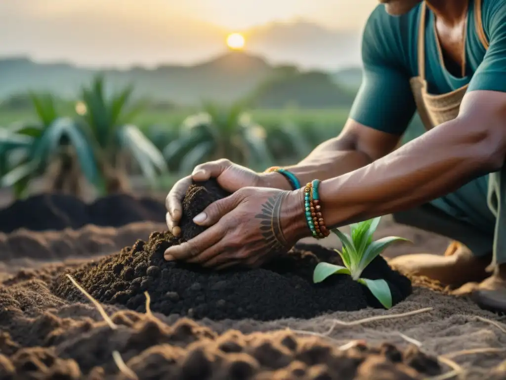 Manos mayas plantando semillas con tatuajes tradicionales en campo fértil al atardecer