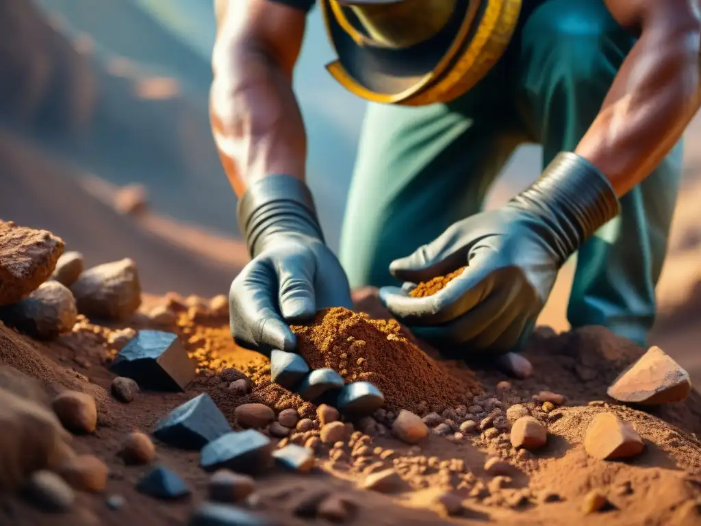 Manos de minero indígena extrayendo minerales con destreza y tradición, destacando la conexión entre humanos y la tierra