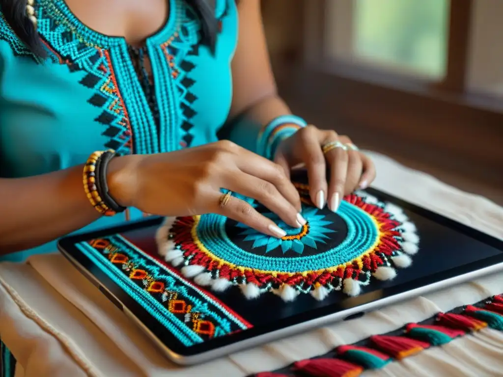 Manos de mujer Cherokee tejiendo patrones tradicionales en una tableta digital, fusionando cultura indígena con tecnología