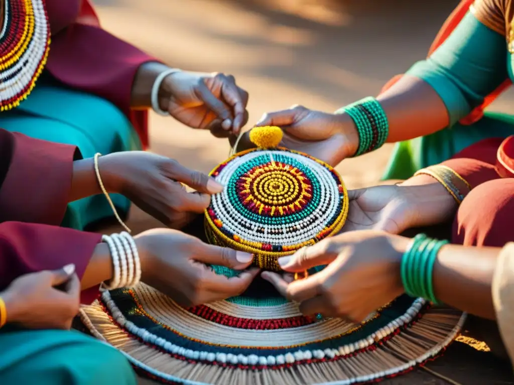 Manos de mujeres indígenas mostrando artesanías tradicionales, unidas en círculo en territorios indígenas, resaltando microfinanzas