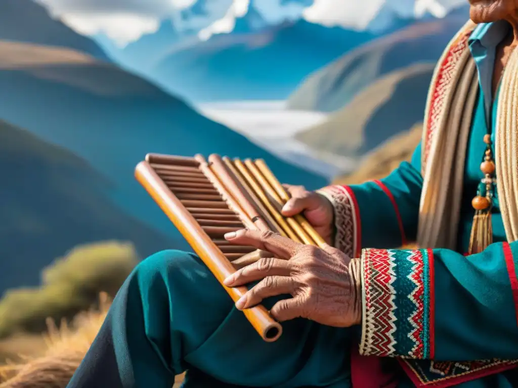 Las manos del músico indígena andino tocan la zampoña frente a los Andes nevados, mostrando el significado en culturas andinas