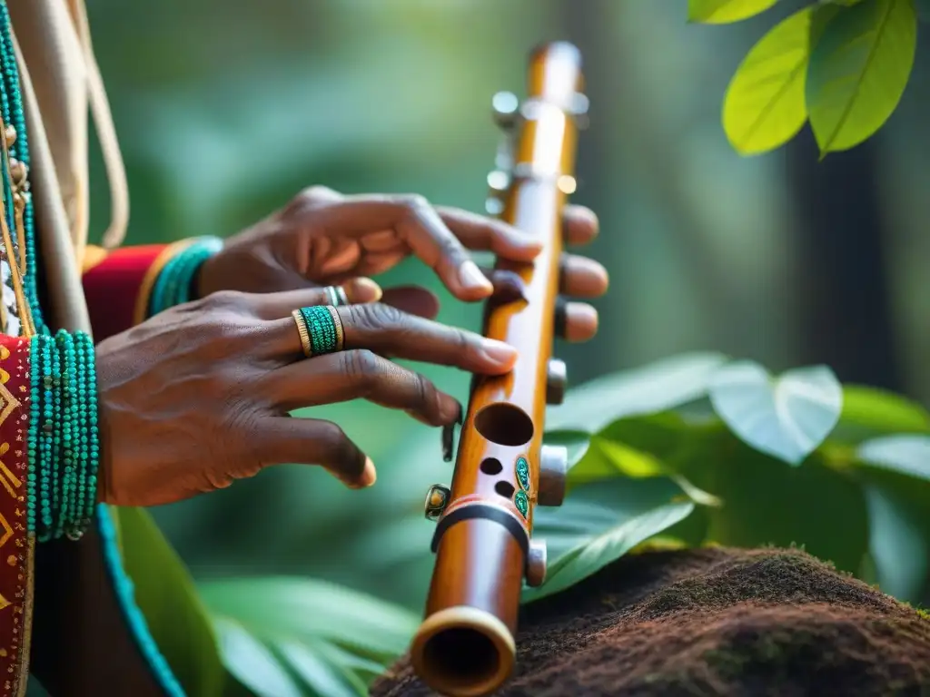 Las manos del músico indígena contemporáneo tocando flauta de madera, con Escalas musicales indígenas contemporáneas