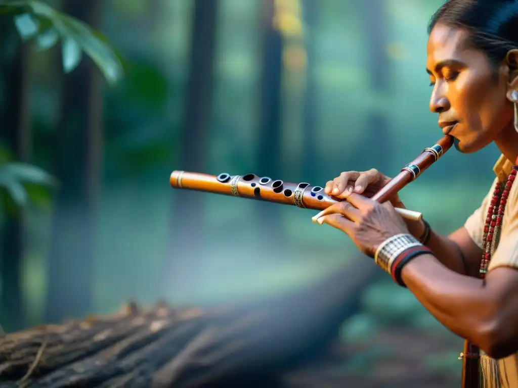 Las manos de un músico indígena tocando una flauta de madera tallada con historias culturales, en un bosque verde