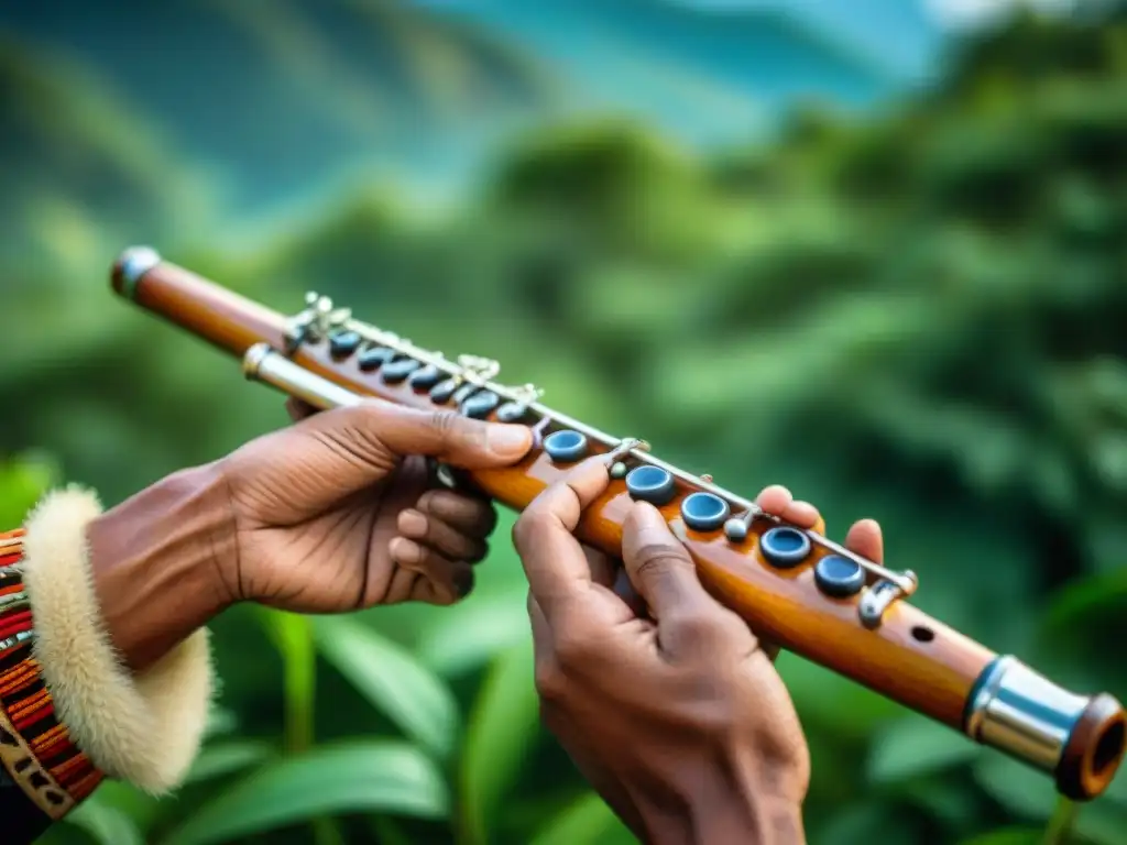 Las manos de un músico indígena tocando una flauta de madera tradicional, con detalles tallados y colores vibrantes, en un bosque verde exuberante