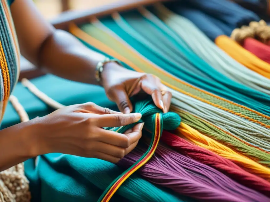 Manos tejiendo patrón textil indígena con hilos vibrantes, reflejando conexión entre literatura indígena contemporánea y revitalización del idioma