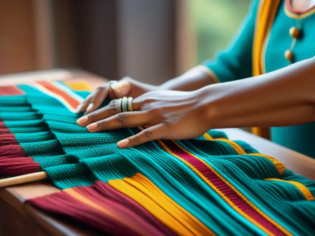 Manos tejiendo patrones tradicionales coloridos, destacando la importancia de idiomas indígenas