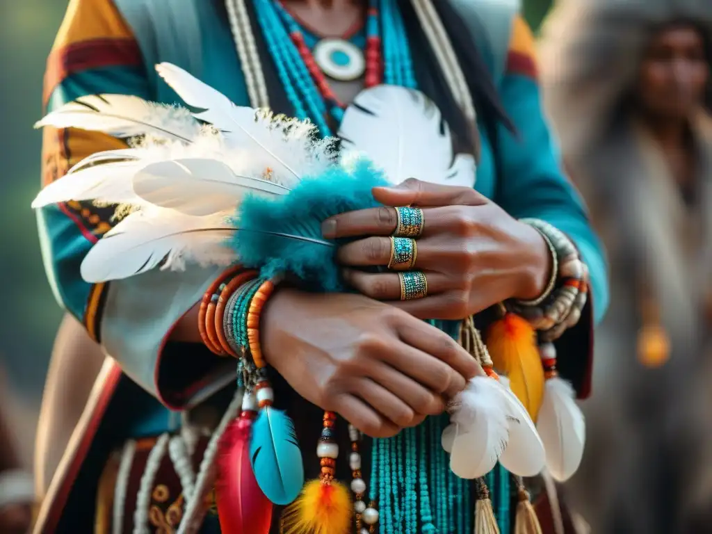 Manos del chamán colocando plumas sagradas en tocado, con significado accesorios ceremonias indígenas