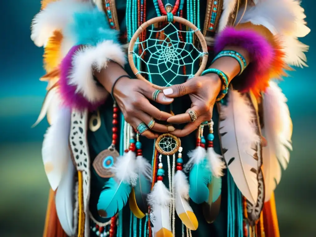 Manos de chamán con plumas y atrapasueños, símbolos de Interpretación sueños culturas originarias