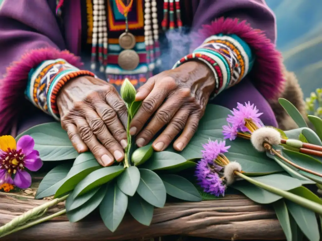 Manos de chamán Quechua seleccionando flores moradas en la montaña andina, poder curativo de la medicina herbal Quechua