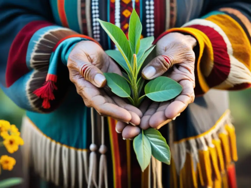 Manos sabias de un anciano indígena sostienen plantas medicinales, reflejando la conexión entre comunidades indígenas y la biodiversidad