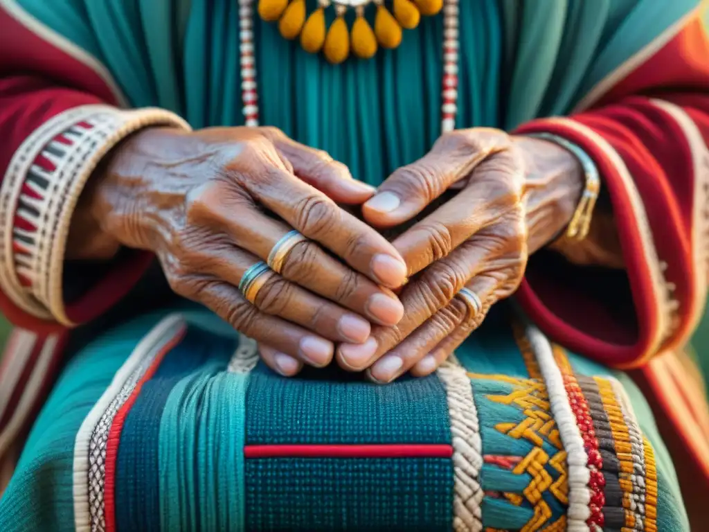 Manos sabias de anciano indígena tejiendo patrón tribal en textil vibrante, reflejando sabiduría ancestral culturas indígenas