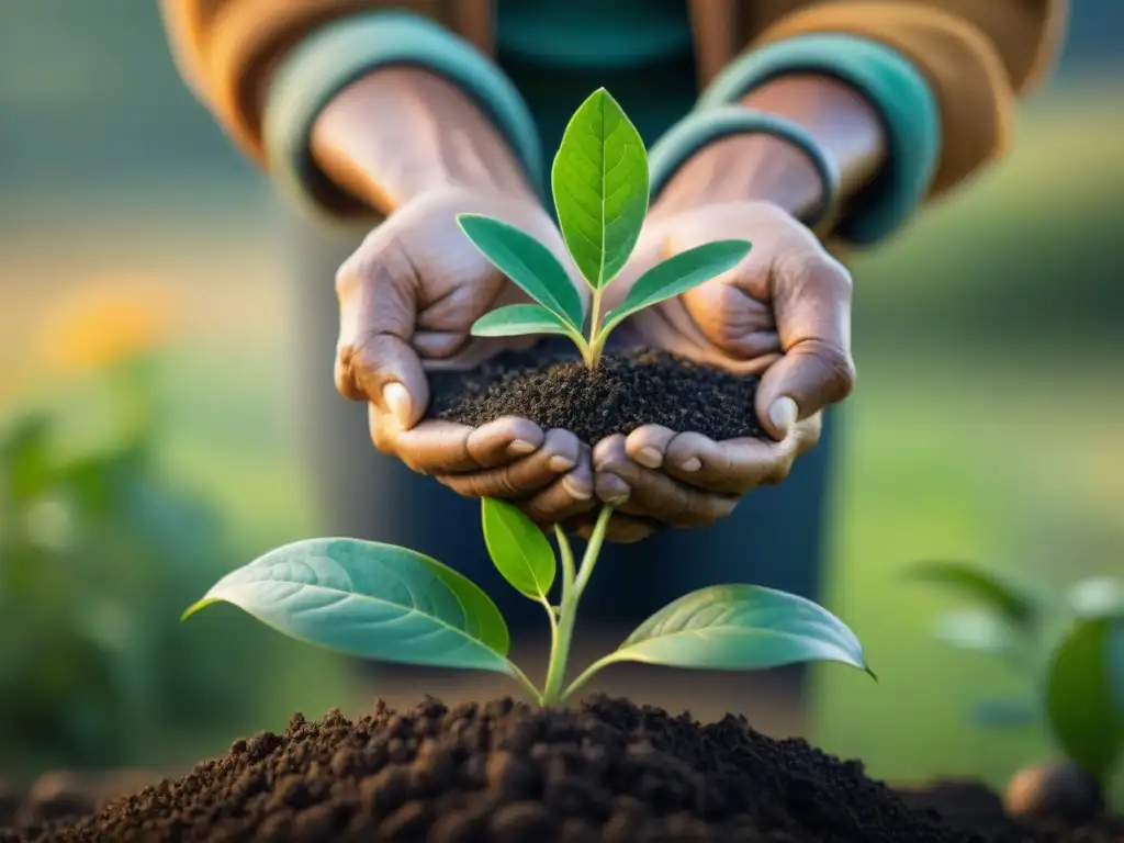 Manos sabias de anciano indígena cuidan plántula verde, uniendo sabiduría indígena, permacultura sostenible y renovación