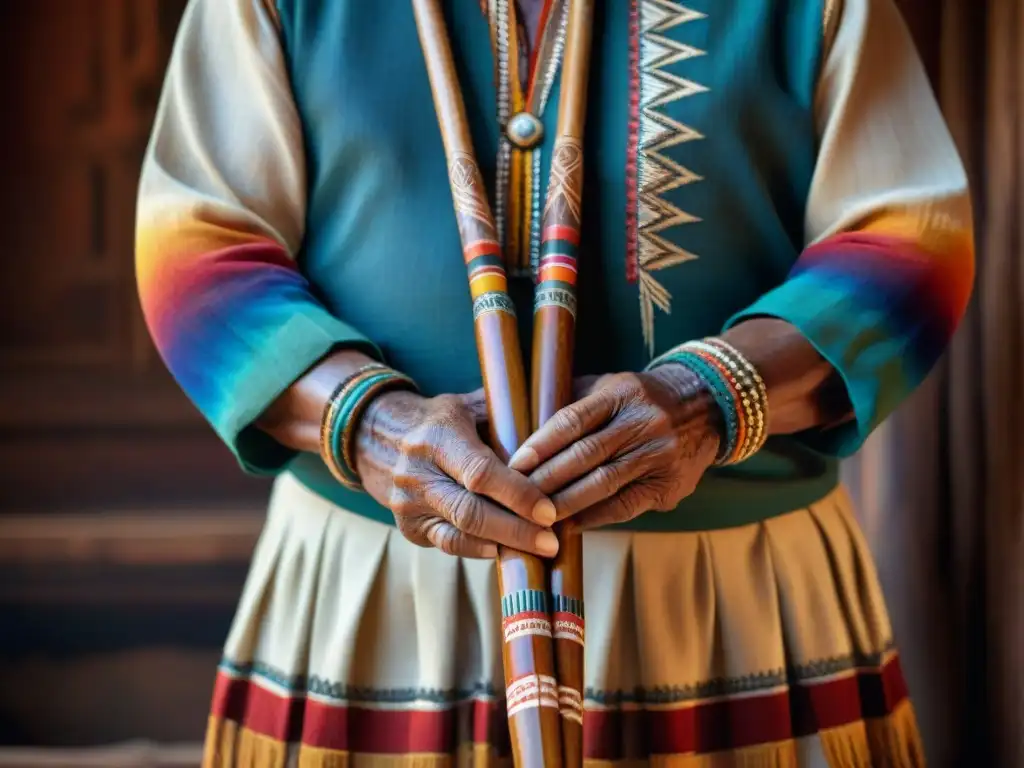 Manos sabias: anciano indígena sostiene flauta tradicional Las manos sabias de un anciano indígena sostienen una flauta de madera tradicional, con detalles tallados y plumas coloridas