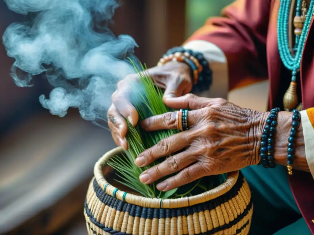 Tejido ancestral: manos sabias tejen tradición Mohawk Manos sabias de anciano Mohawk tejiendo con destreza una cesta ceremonial, en una escena iluminada por la suave luz natural