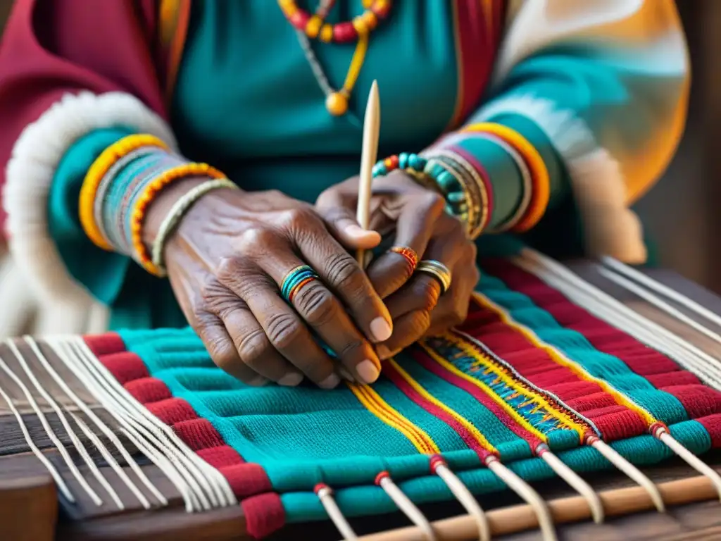 Manos sabias de un anciano Rarámuri tejiendo textiles tradicionales, capturando la esencia de la herencia cultural y la artesanía