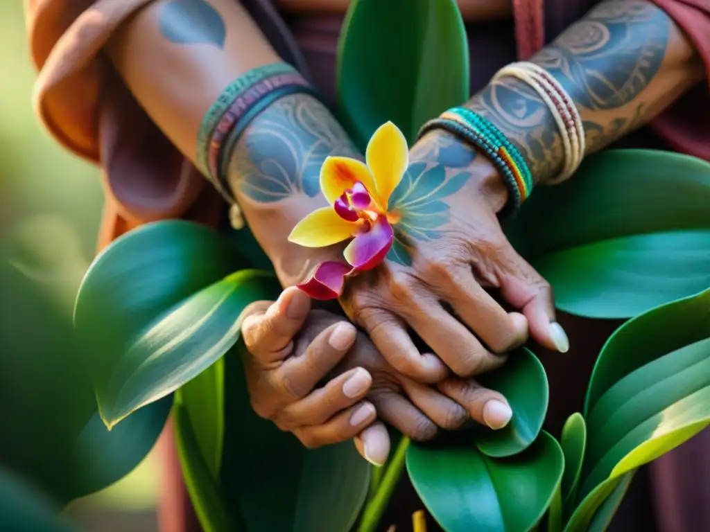 Las manos sabias de un curandero indígena protegen una orquídea, mostrando la conexión con las plantas medicinales