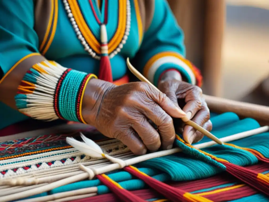 Manos sabias tejen patrón tradicional en vibrante textil, reflejando la riqueza cultural de las culturas indígenas