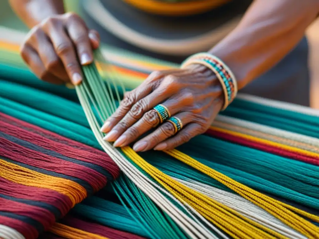 Manos sabias tejiendo patrones tradicionales en tapiz vibrante