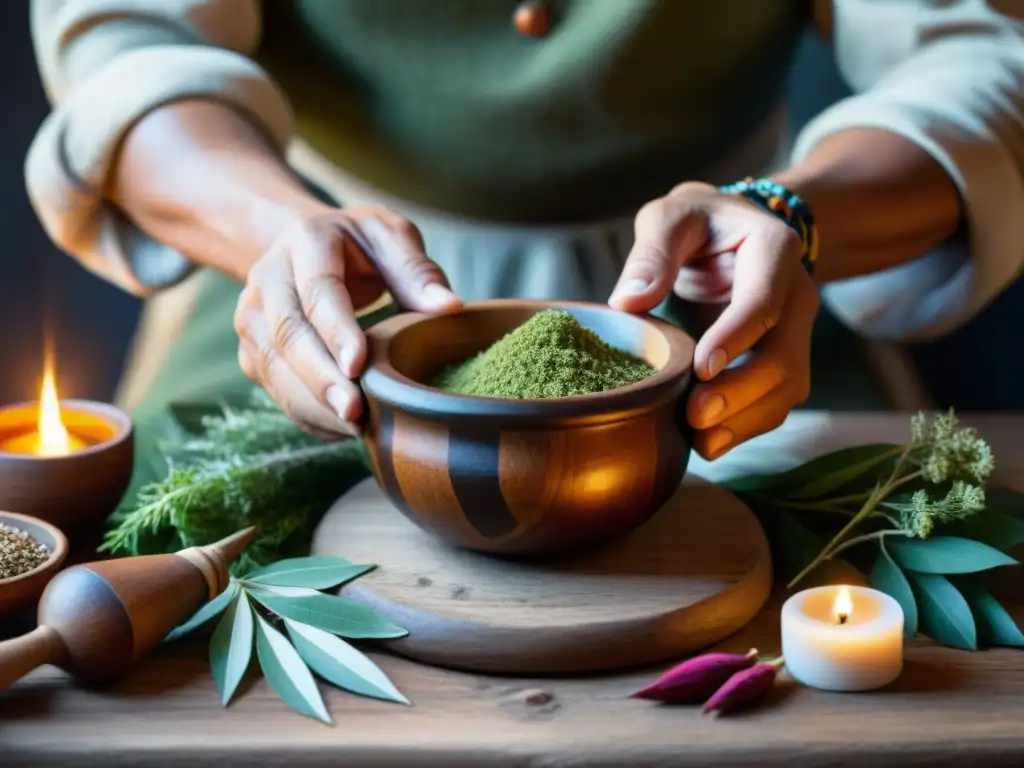 Las manos sabias de un sanador indígena preparando plantas medicinales en un mortero, en un espacio de sanación sereno y auténtico