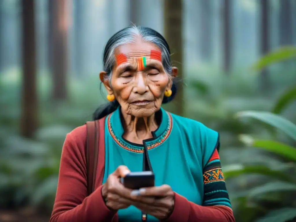 Manos sabias sostienen teléfono con app de preservación de lenguas indígenas en bosque sereno