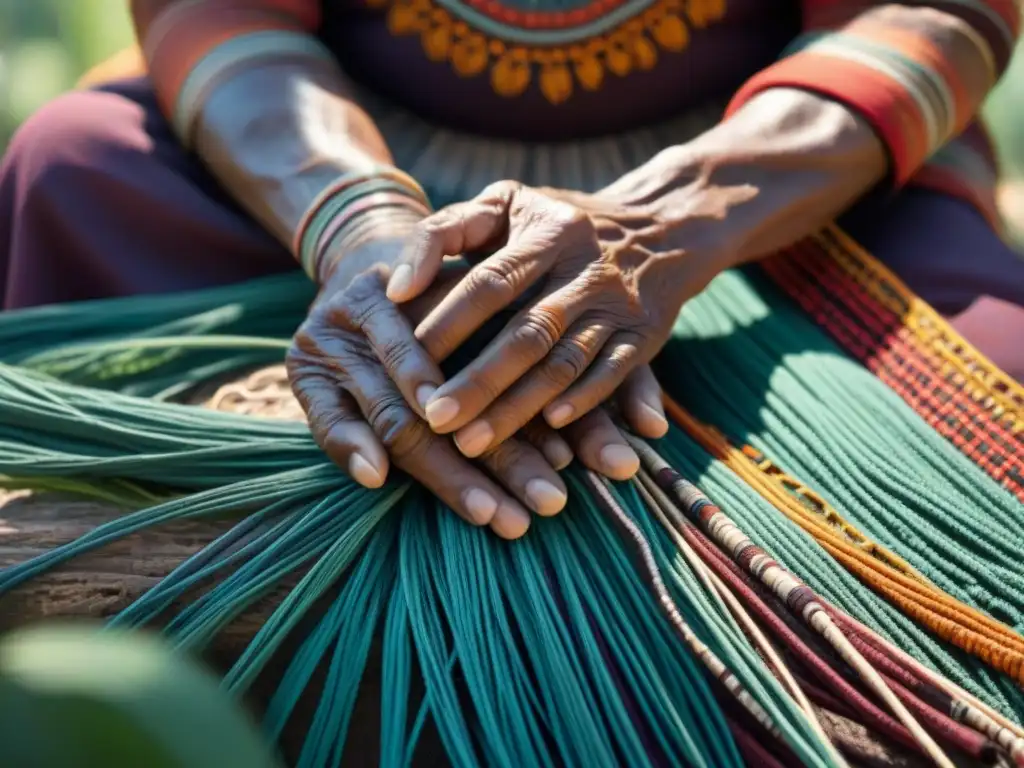 Manos sabias tejiendo textiles tradicionales, reflejo de la filosofía de vida indígena en armonía con la naturaleza