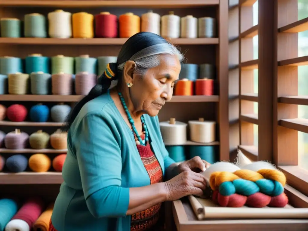 Manos sabias tejiendo telar tradicional, rodeada de hilos y patrones, resaltando la artesanía indígena