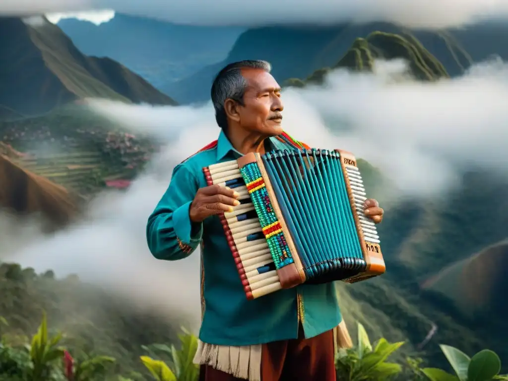 Zampoña andina: tradición y color en las manos Manos sabias sujetan una zampoña andina adornada con plumas y cuentas, entre montañas brumosas y vegetación exuberante