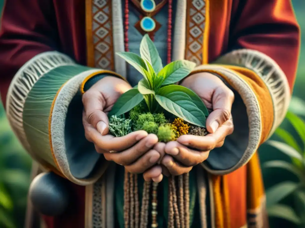 Manos de sanador con hierbas medicinales