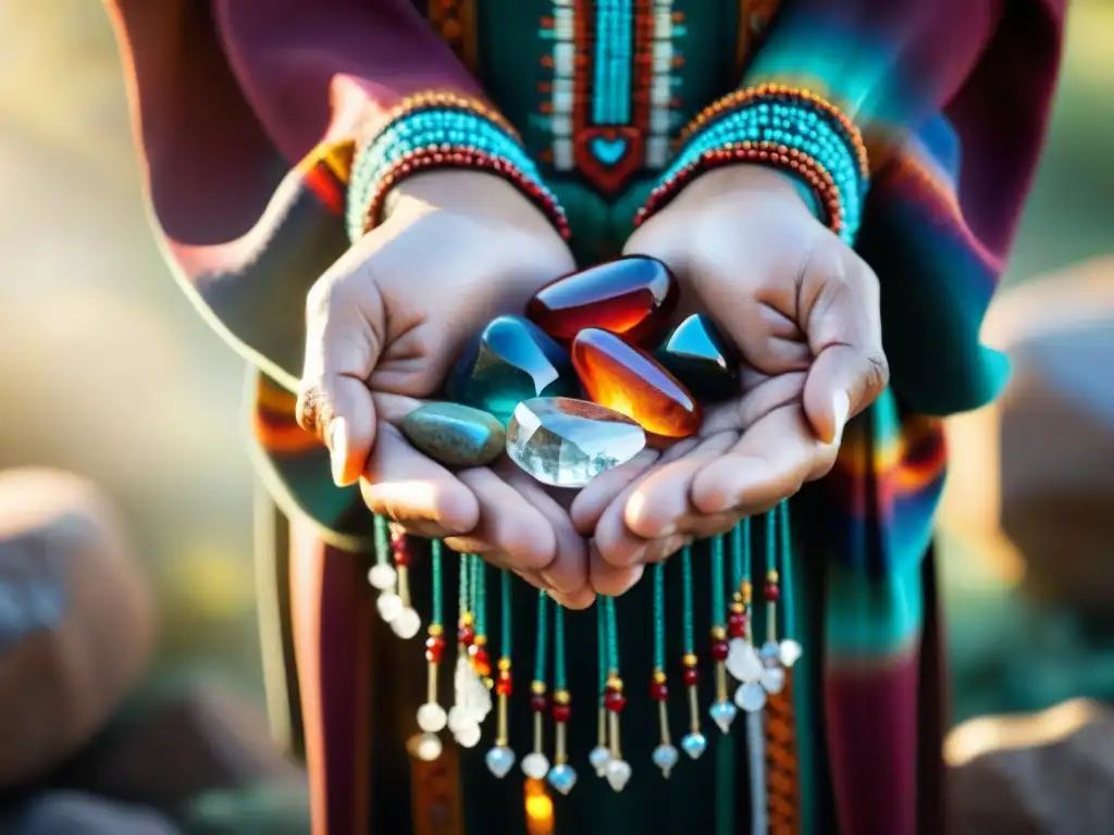 Manos del sanador indígena sostienen cristales en sanación, reflejando sabiduría ancestral y conexión espiritual