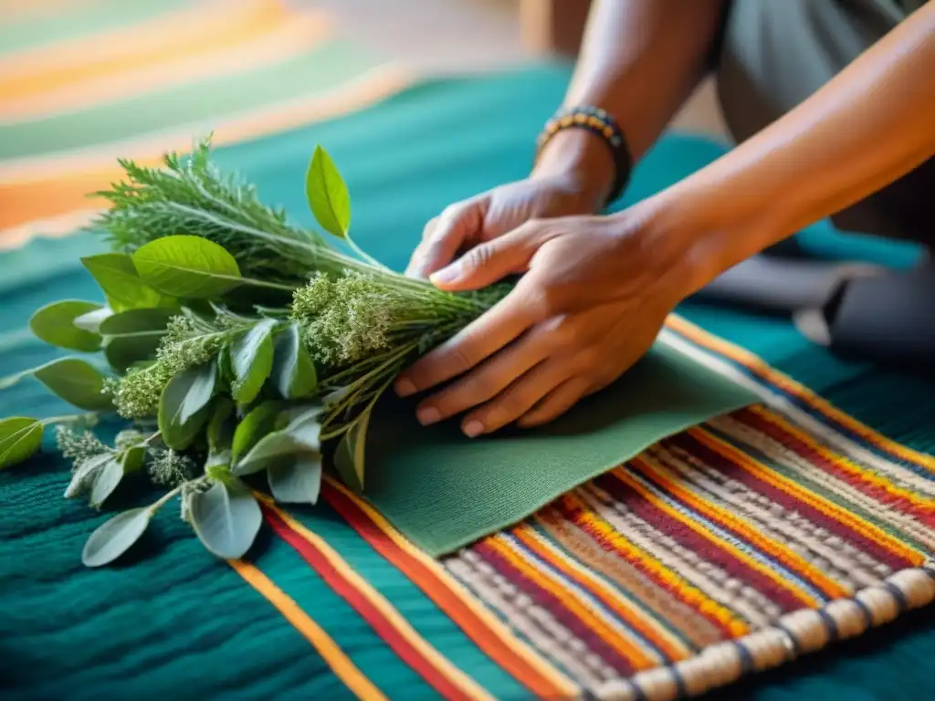 Manos de sanador indígena preparando hierbas para retiros espirituales sabiduría indígena