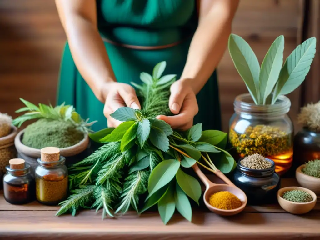 Manos de sanador Mapuche preparando medicina herbal tradicional con plantas coloridas en mesa de madera