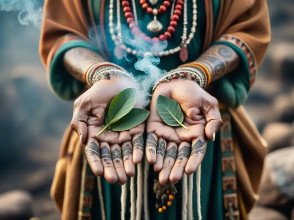 Manos de chamán con tatuajes tradicionales y hierbas sagradas humeantes en ritual