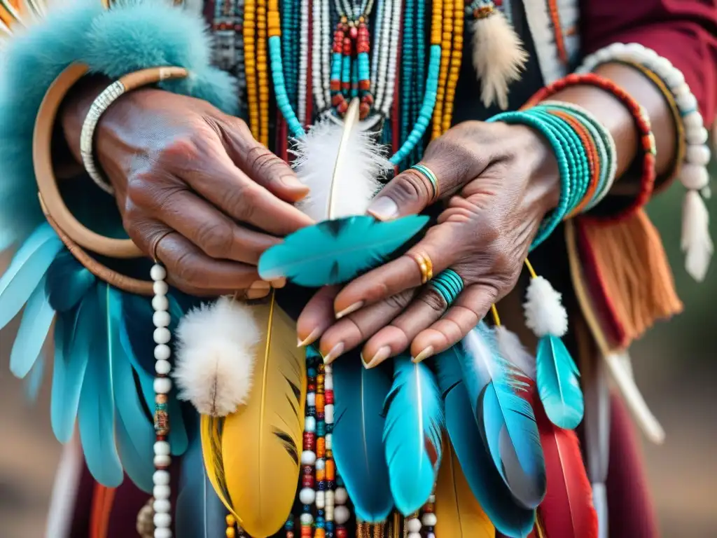 Las manos del chamán crean un tocado ceremonial con plumas y cuentas, simbolizando el significado de los accesorios en ceremonias indígenas