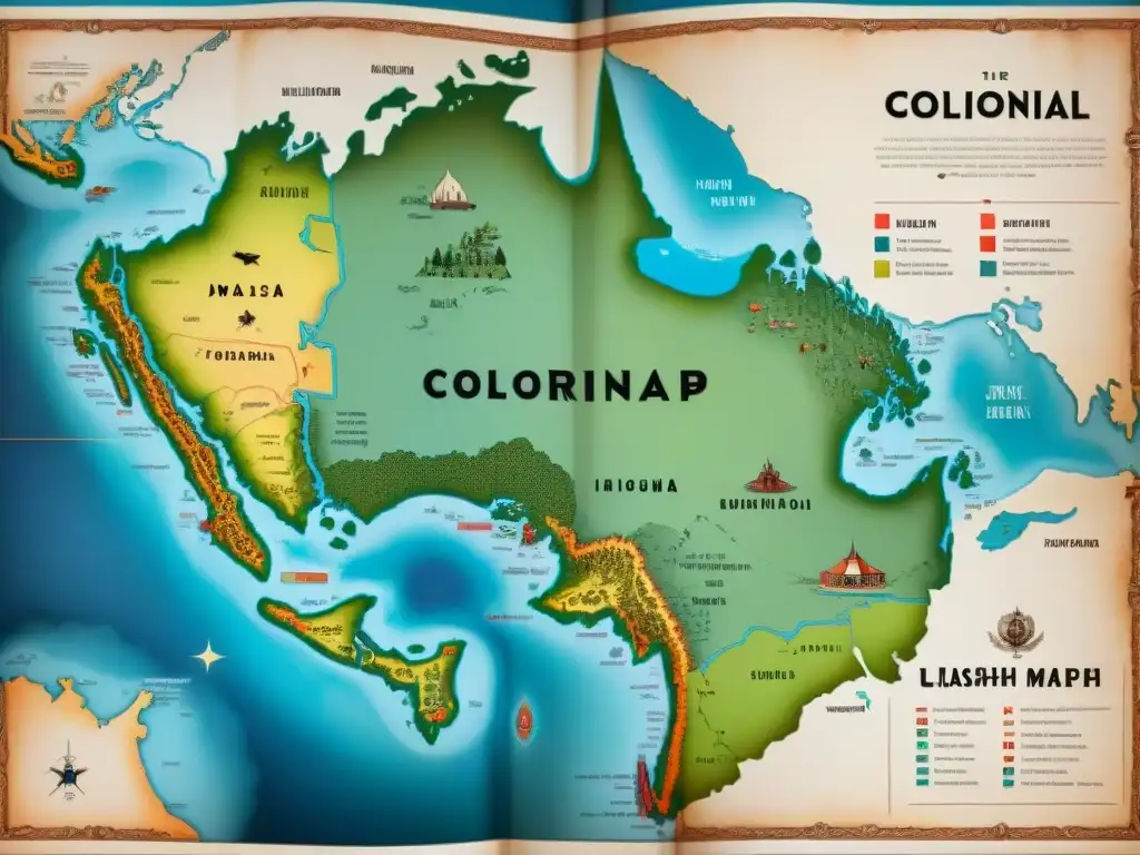 Mapa colonial detallado con arte indígena vibrante, ilustrando el impacto de la cartografía colonial en las culturas indígenas