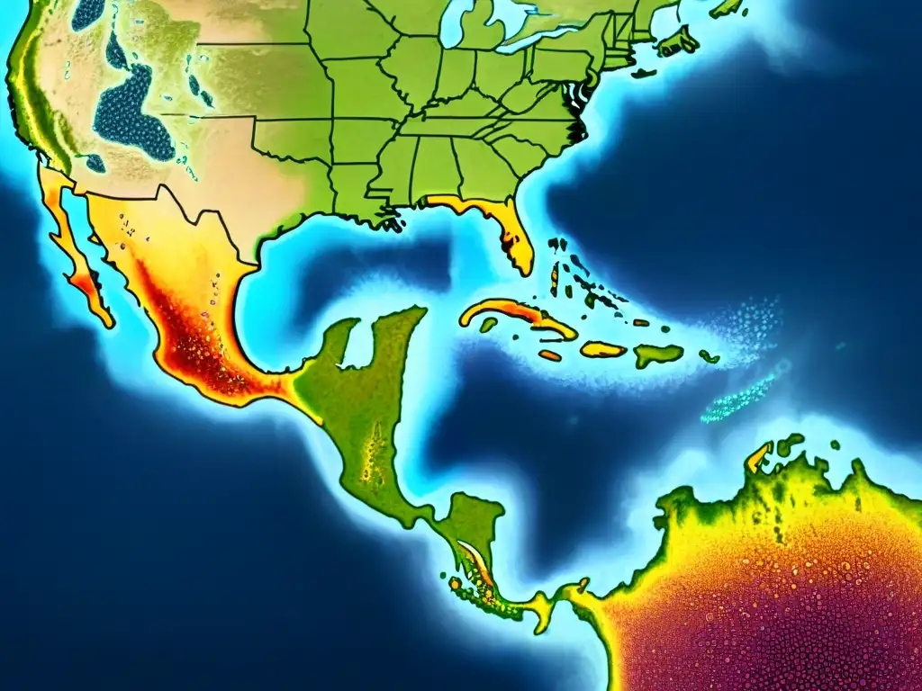 Mapa detallado de las Américas en la conquista, con ilustraciones de virus de viruela esparciéndose