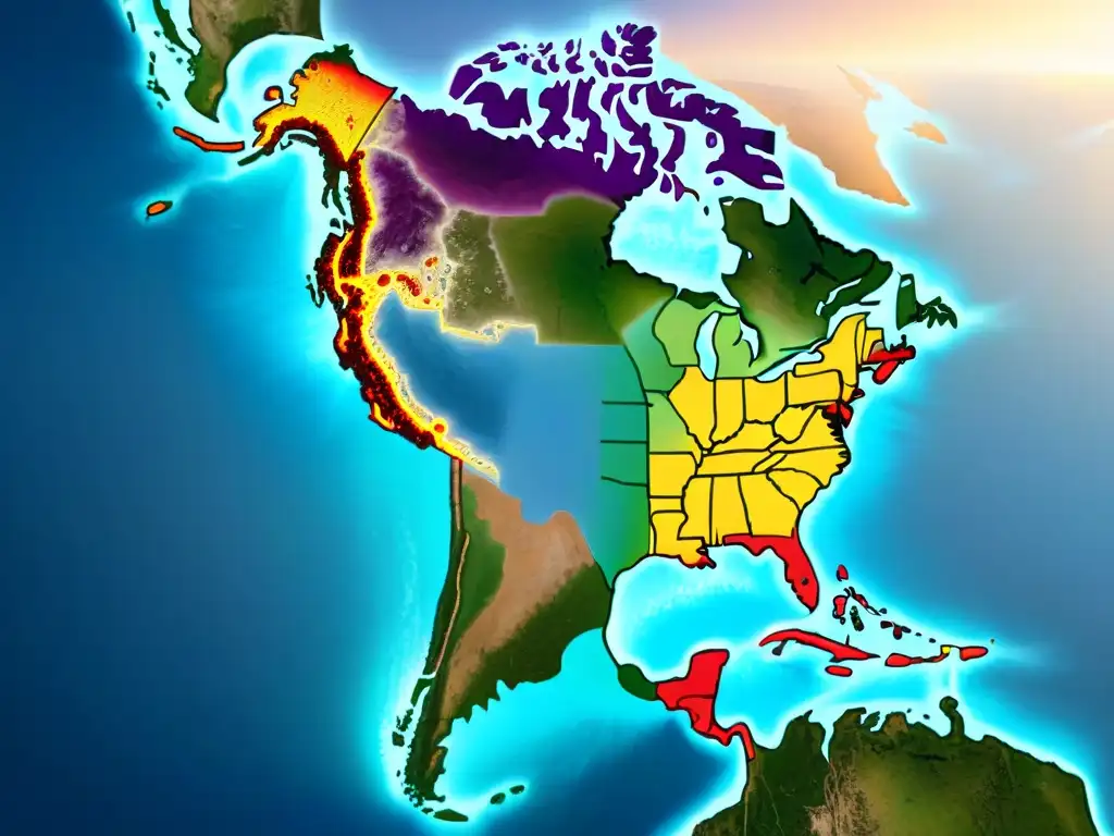 Mapa detallado de las Américas con notas musicales y símbolos indígenas, destacando las Rutas migratorias música indígena