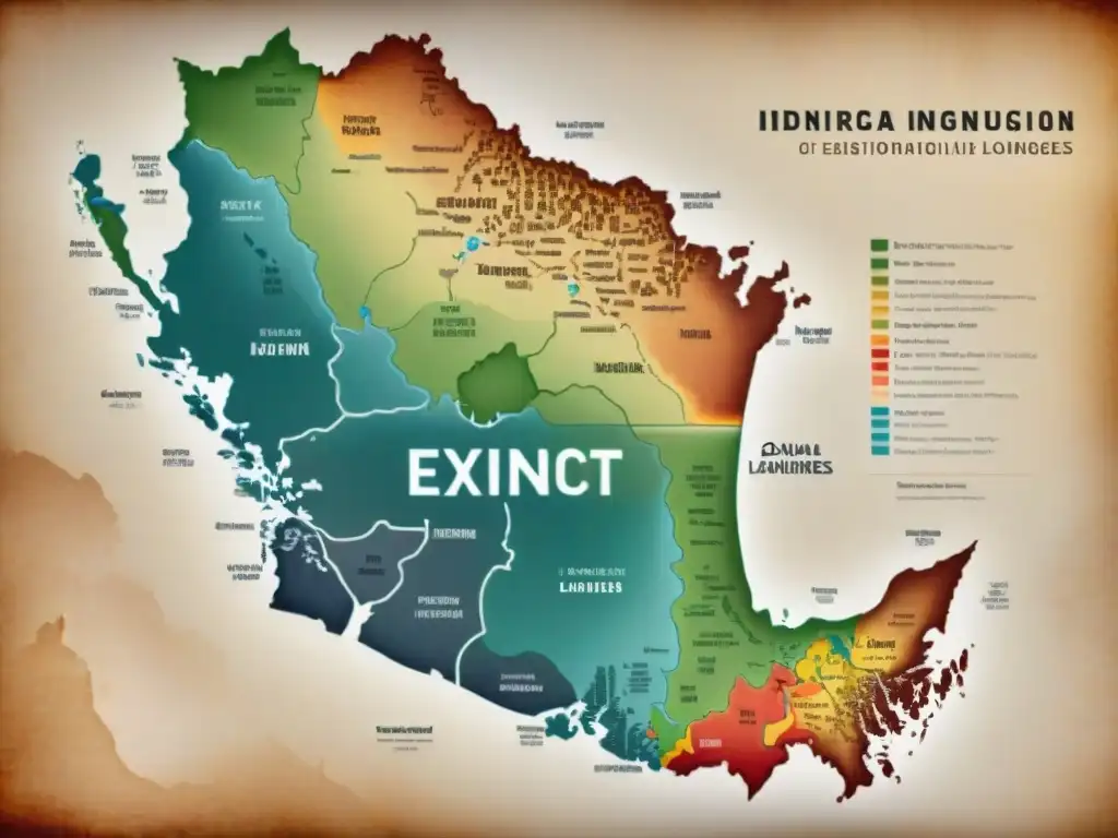 Mapa detallado de la distribución histórica de idiomas indígenas extintos, destacando características lingüísticas y culturales