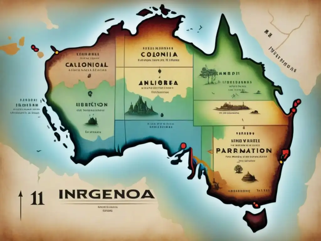 Mapa indígena detallado en pergamino desgastado, muestra la usurpación colonial en tierras indígenas