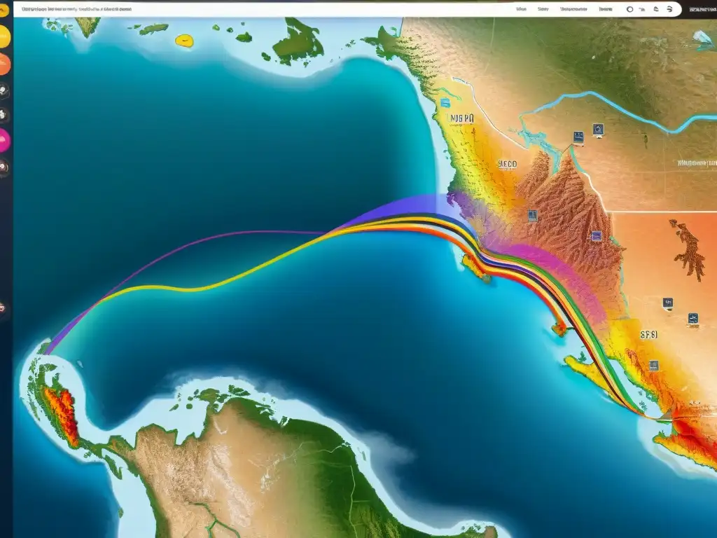 Mapa interactivo de migraciones detalladas de culturas indígenas en vibrante diseño