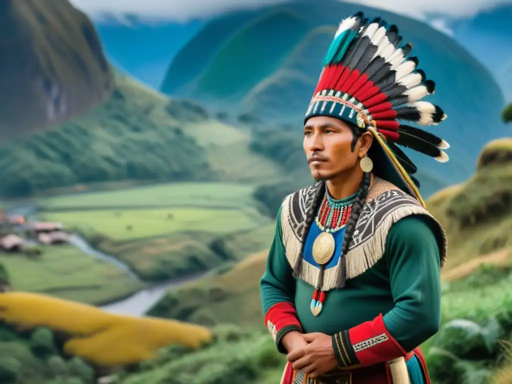 Mapuche guerrero en acantilado con aldea y montañas nevadas, simbolizando historias indígenas de resistencia