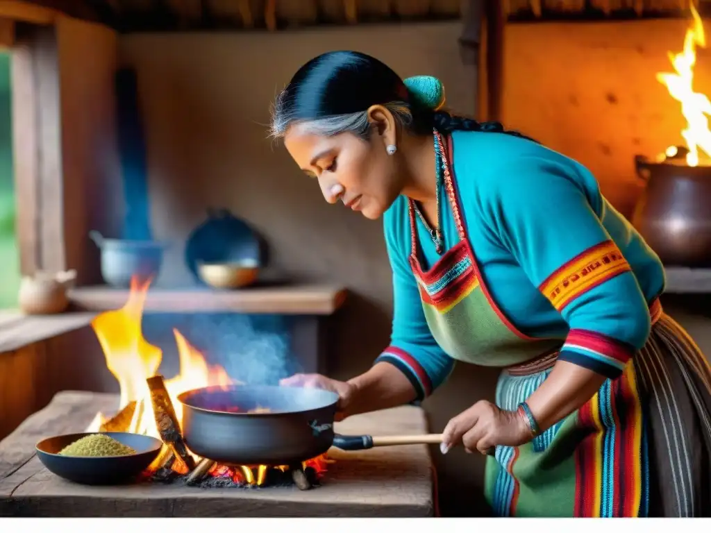 Una Mapuche en Chile cocinando un plato tradicional, mostrando la gastronomía indígena de América en un entorno rústico