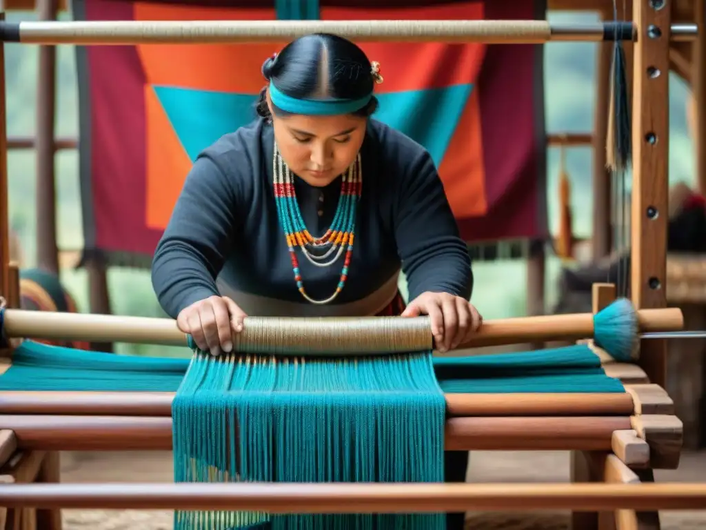 Artesana Mapuche tejiendo patrones tradicionales con destreza Mapuche preservando técnicas textiles con telar de madera y coloridas lanas